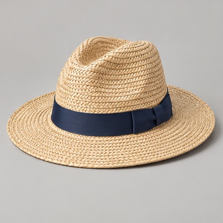 Natural Raffia hat with navy ribbon